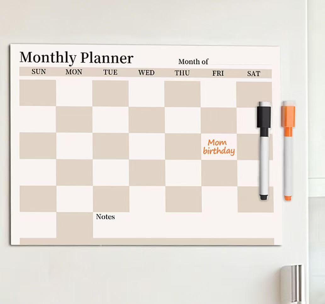 Calendar for Refrigerator – 15″ x 11″ Beige Checkered Dry Erase Whiteboard with Monthly Planner, Includes 2 Color Markers, Perfect for Easy Planning & Appointments