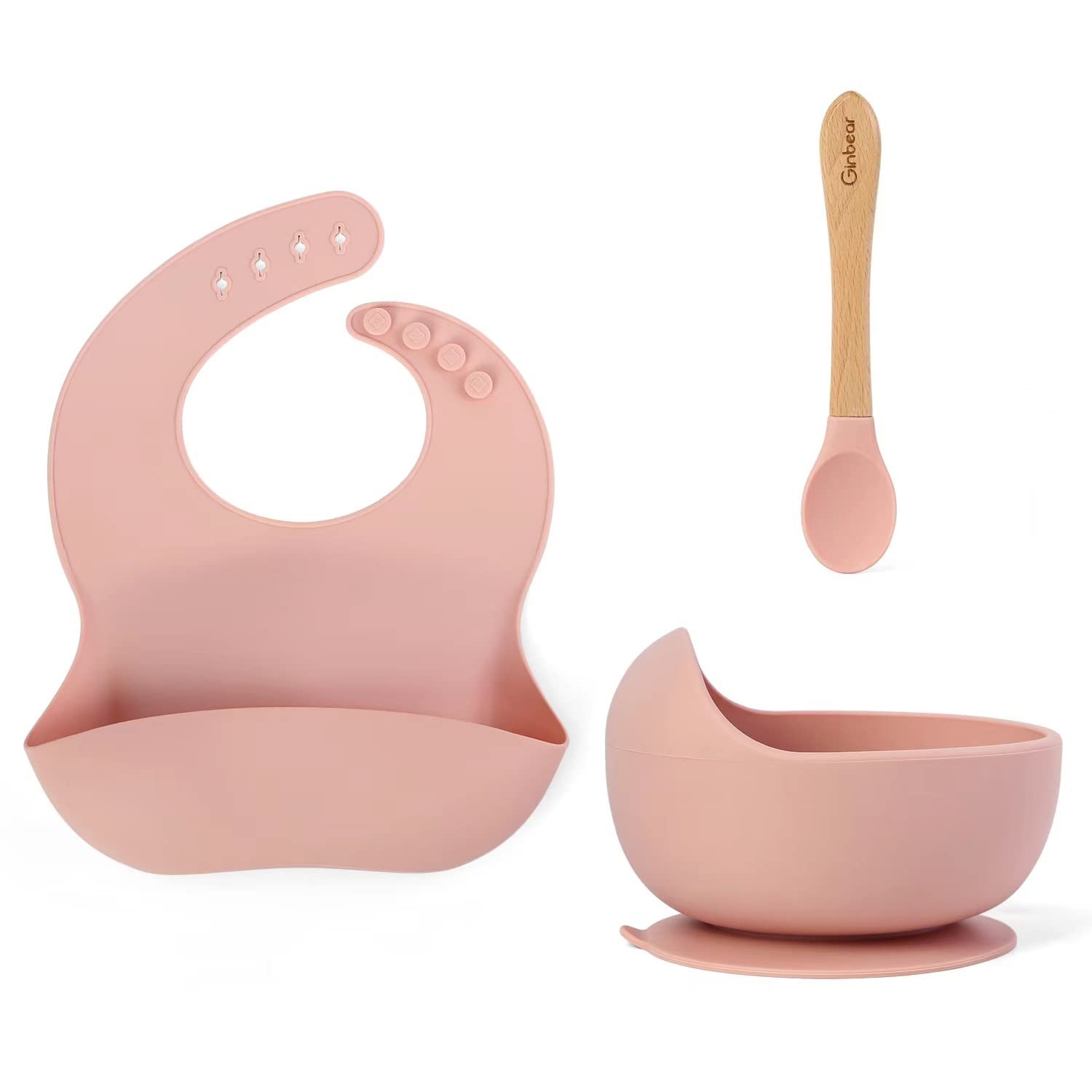 Ginbear Suction Baby Bowl Silicone Bib Spoon Set 6 M+ (Baby Pink)