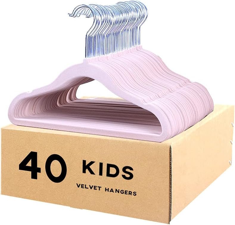 Kids Velvet Clothes Hangers, Non Slip Baby Hangers Pink (11.6″ Inch – 40 Pack)