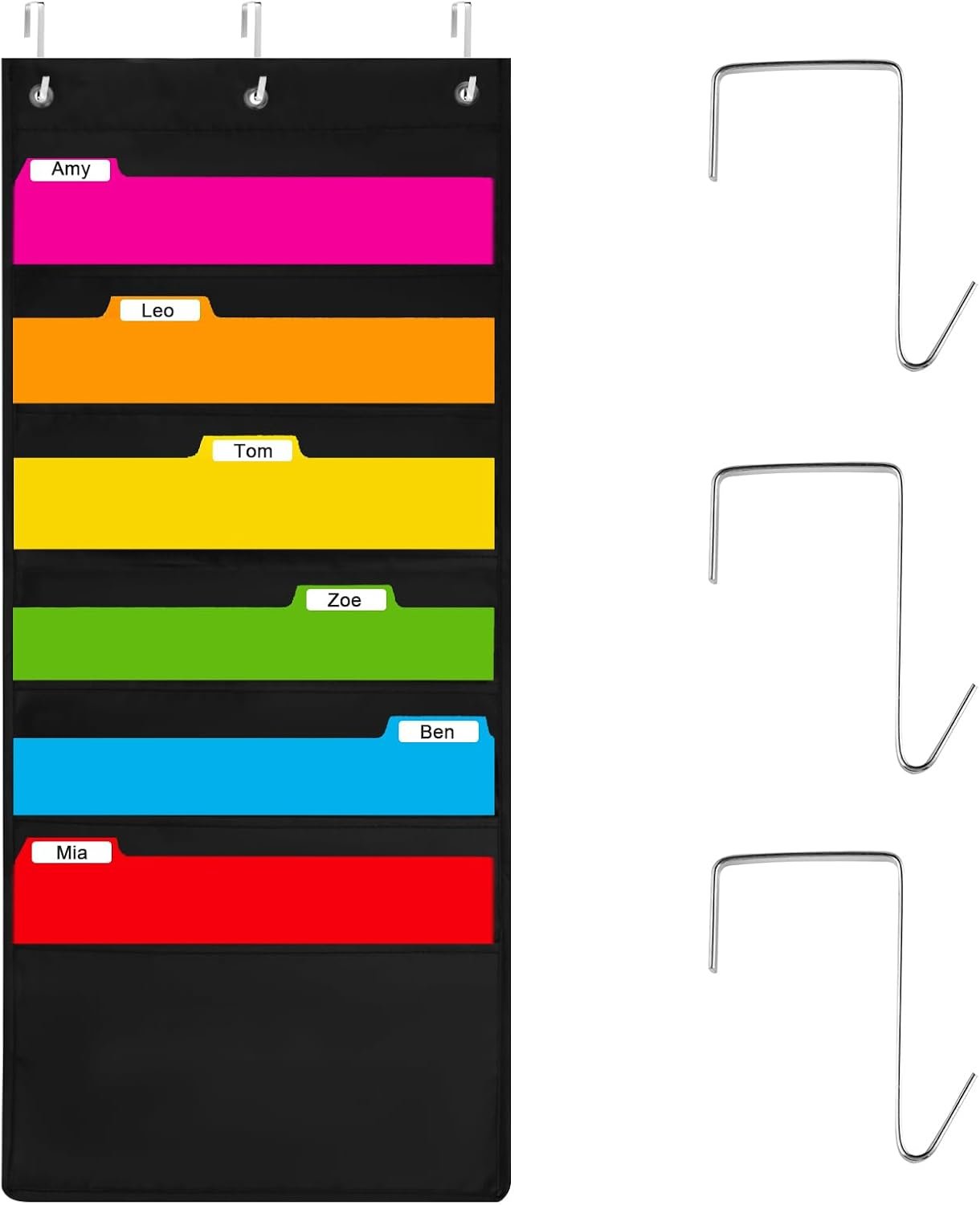 6-Pocket Hanging Wall File Organizer with 3 Hangers, Black Storage Pocket Chart for Door, Wall Folder Organizer, Perfect for Home, Office, Classroom