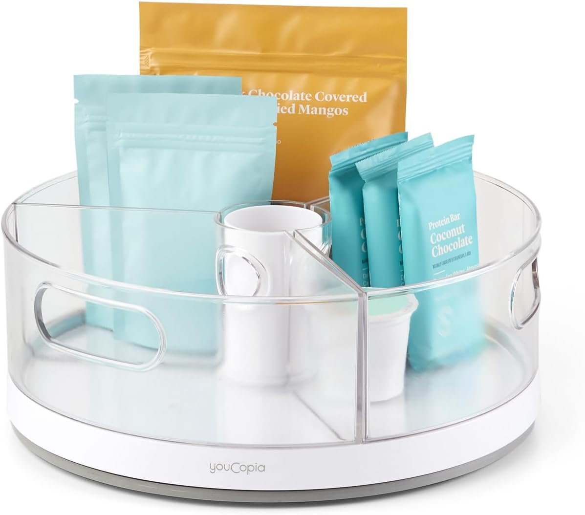 YouCopia Crazy Susan Lazy Susan Organizer, 3 BPA-Free Removable Clear Bins with Handles, Rotating Storage Turntable for Kitchen Cabinet, Pantry and Bathroom Organization