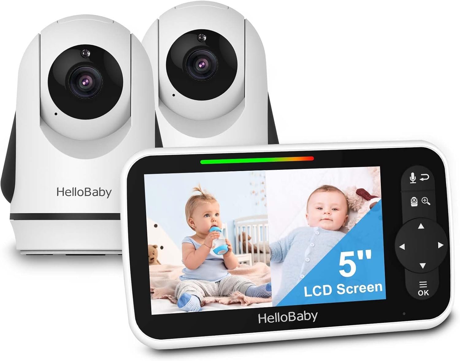 HelloBaby Baby Monitor with 2 Cameras and Audio, 5″ Split Screen, No WiFi