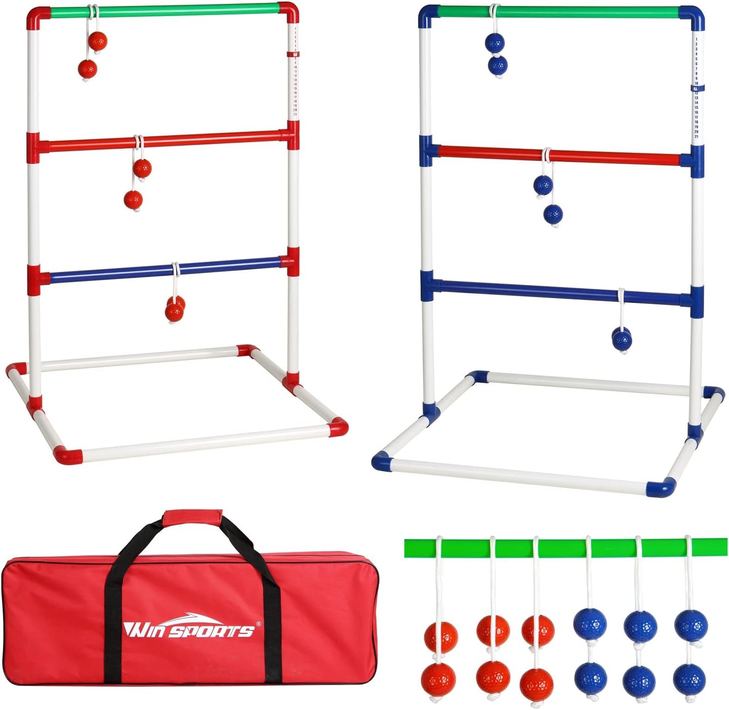 Ladder Toss Outdoor Game Set – Win SPORTS Indoor Ladder Ball Toss Game with 6 Weighted Bolos, Carrying Case and Sand Weighted PVC Piping,Games for Adults, Kids, Family
