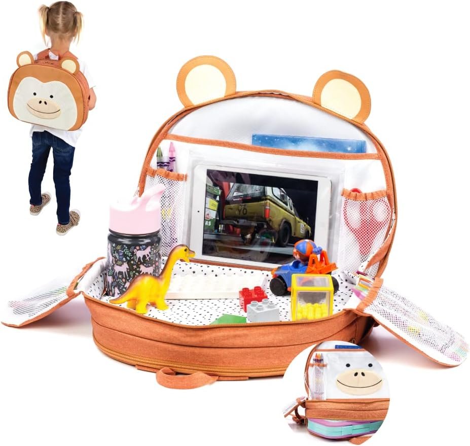 Lulyboo Toddler Car Seat Tray & Backpack – Multipurpose Travel Lap Desk with Built-in Cup Holder, 8 Storage Pockets, Waterproof Cover, Animal Unicorn Design, Inflatable Airplane & Car Travel Accessory