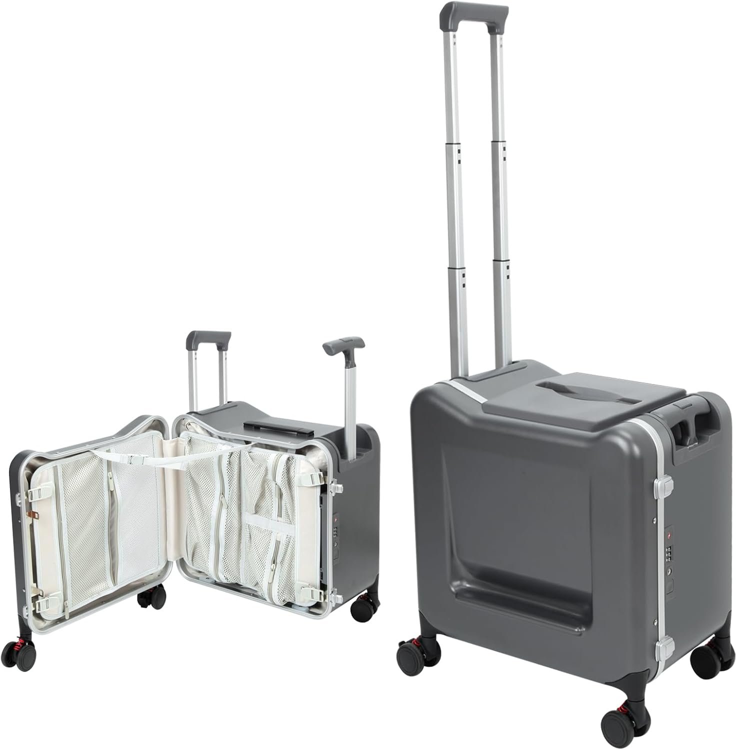 LemoHome 20″ Ride-On Suitcase with Seat, Double Handle Carry On Luggage with Mesh Pocket & Side Hooks, Hard Shell Spinner Wheels, TSA Lock & Seat Belt (Black.)