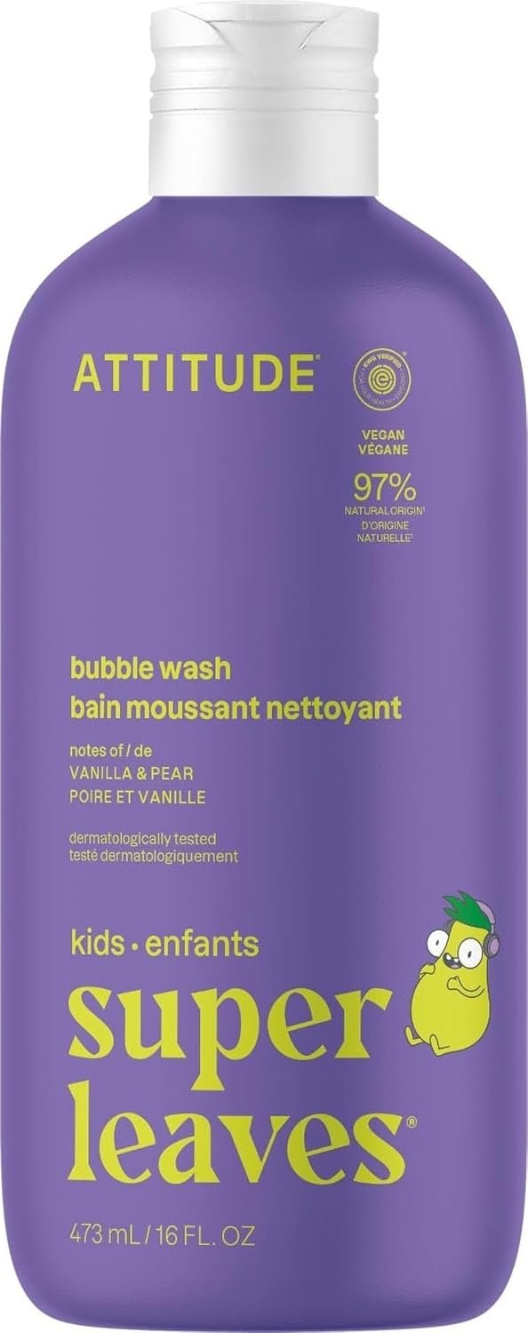 Attitude Bubble Wash for Kids, EWG Verified Bubble Bath, Hair Shampoo and Body Soap, Dermatologically Tested, Plant- and Mineral-Based, Vegan, Vanilla & Pear, 16 Fl Oz