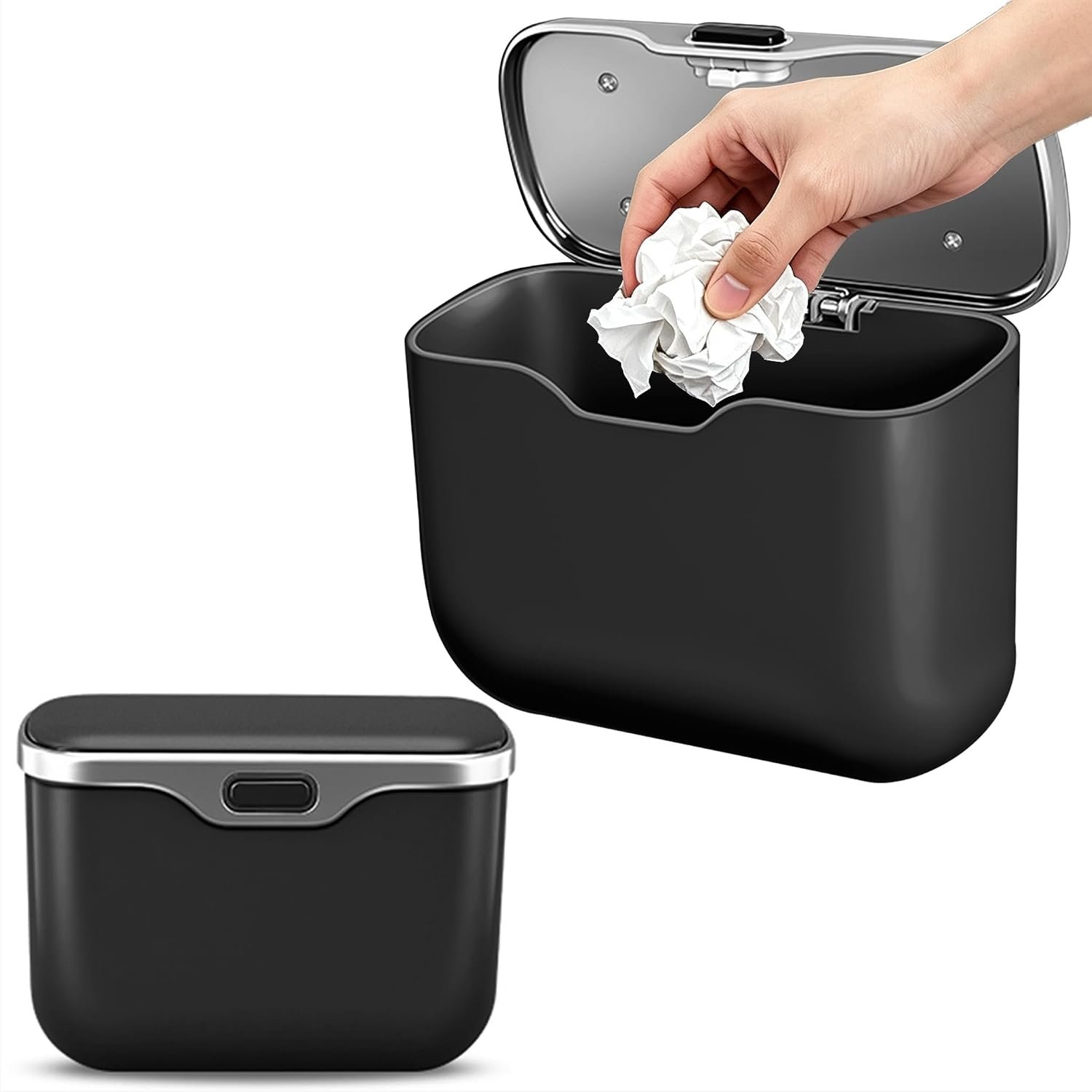 Car Trash Can with Lid, Leakproof Auto Garbage Bin, Waterproof Car Trash Bag Holder with PU Leather Top for Back of Seat/Door, Fit for SUVs, Sedans, Trucks Black