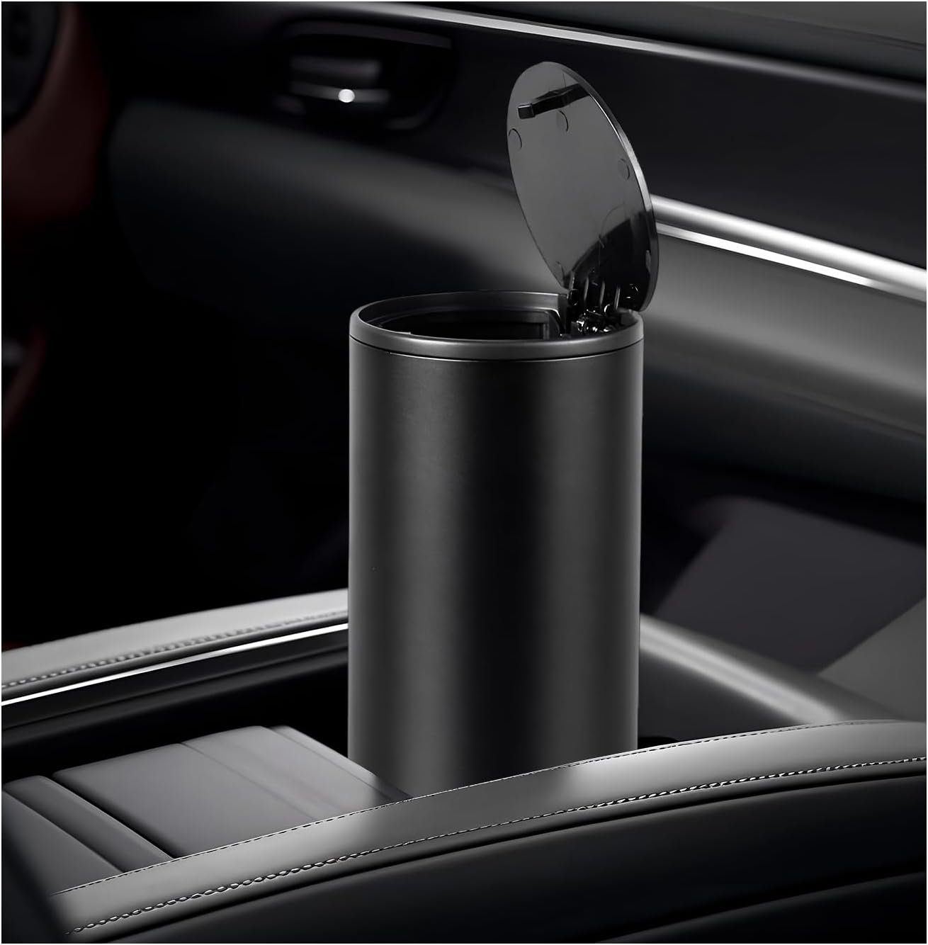 Sun Walker Car Trash Can with Lid, Leakproof Small Cup Holder Garbage Container Detachable Trash Bin, Waterproof Aluminum Alloy Garbage Can Interior Dustbin for Vehicle Home Office (Black)