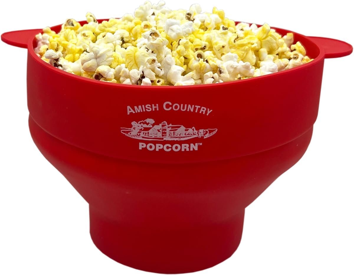 Amish Country Popcorn | Collapsible Silicone Microwave Popper with Customized ACP Logo | BPA and PVC Free Popcorn Bowl with Handles | Dishwasher Safe | Includes 2-2 oz Bags of Kernels (Red)