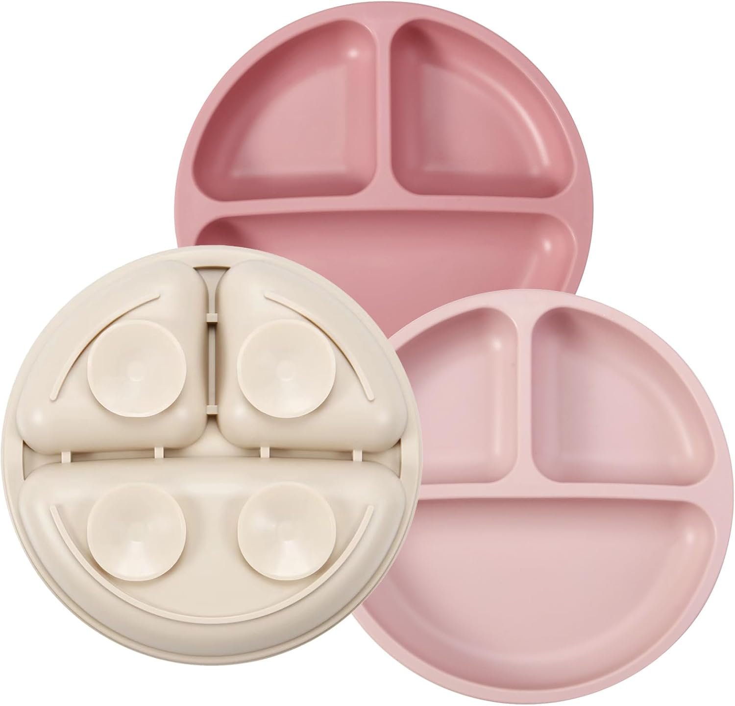 PandaEar 3 Pack Toddler Plates, Silicone Divided Suction Plate for Babies, BPA-Free 100% Food-Grade Silicone Unbreakable Baby Plate (Pink/Linen/Light Pink)