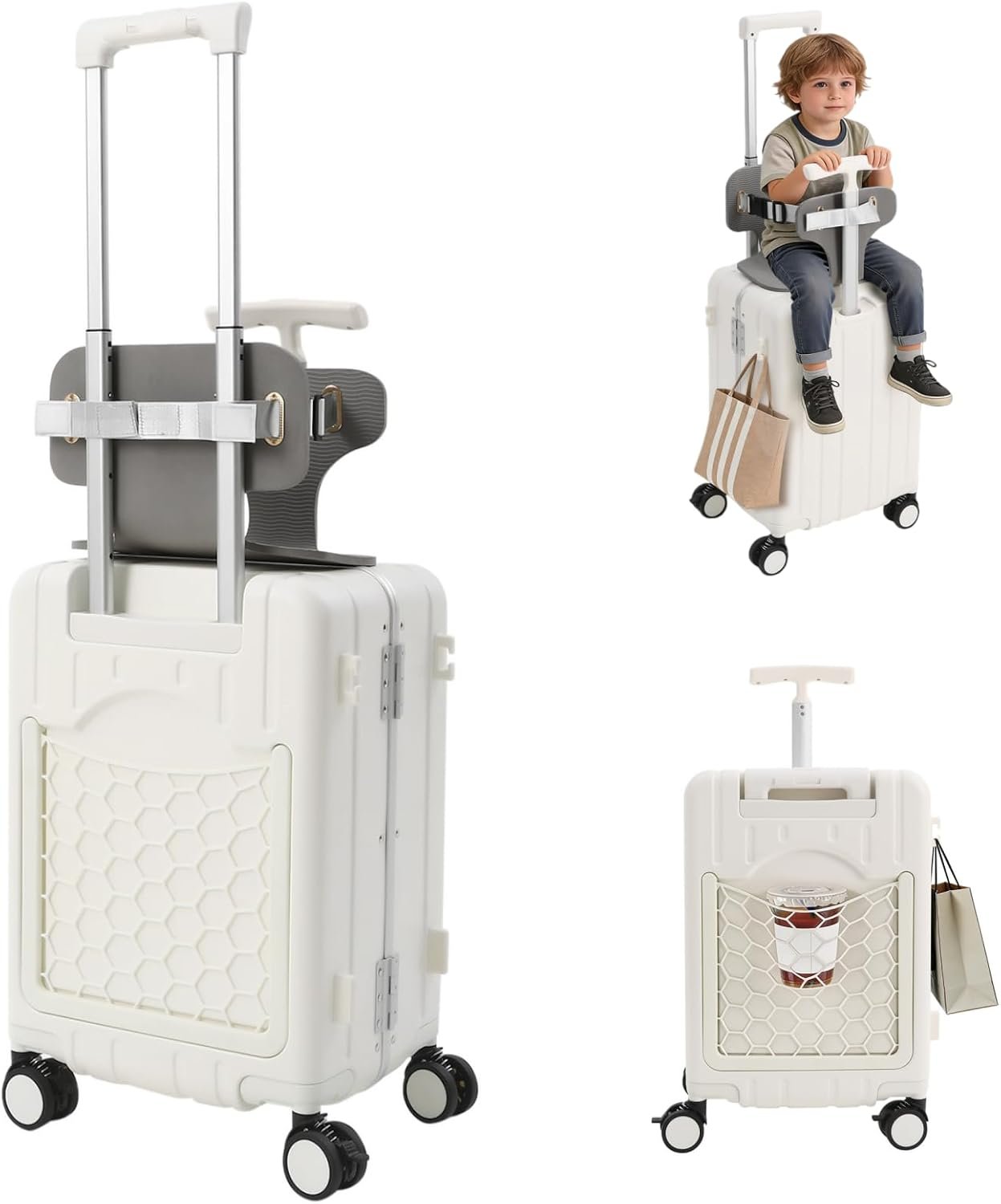 Kids Ride-on Luggage with Foldable Back Rest, 20″ Carry On Luggage Travel Trolley Case with Seat for Children, Top Opening Suitcase with Spinner Wheels and Lock (White, 20 Inch)