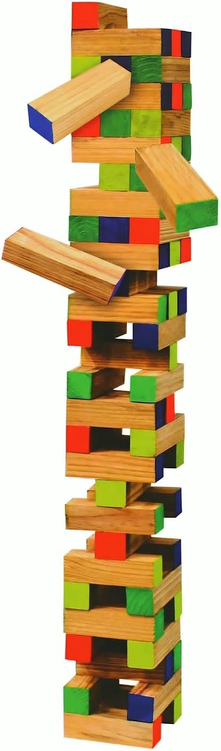 Glow in the Dark Wooden Tumbling Tower Game, Colorful Blocks, Over 24 Inches Tall, for Ages 8+