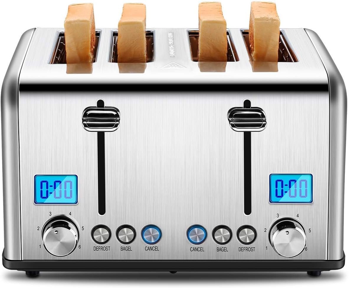 Roter Mond Countdown Stainless Steel 4 Slice Toaster with Bagel, Defrost, Cancel Function, Dual Toaster, Extra Wide Slots, 6 Shade Settings, Removable Crumb Trays, 1650W