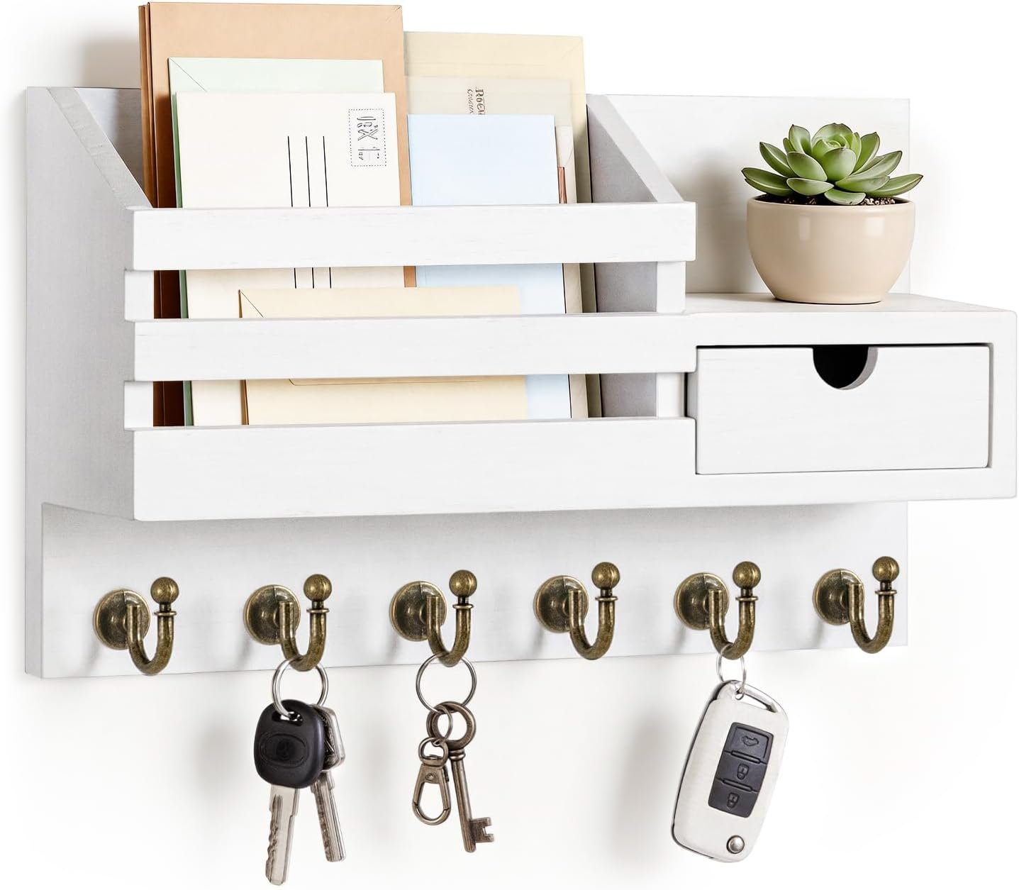 FifthQuarter Key and Mail Holder Wall Mount with Drawer and 6 Sturdy Hooks