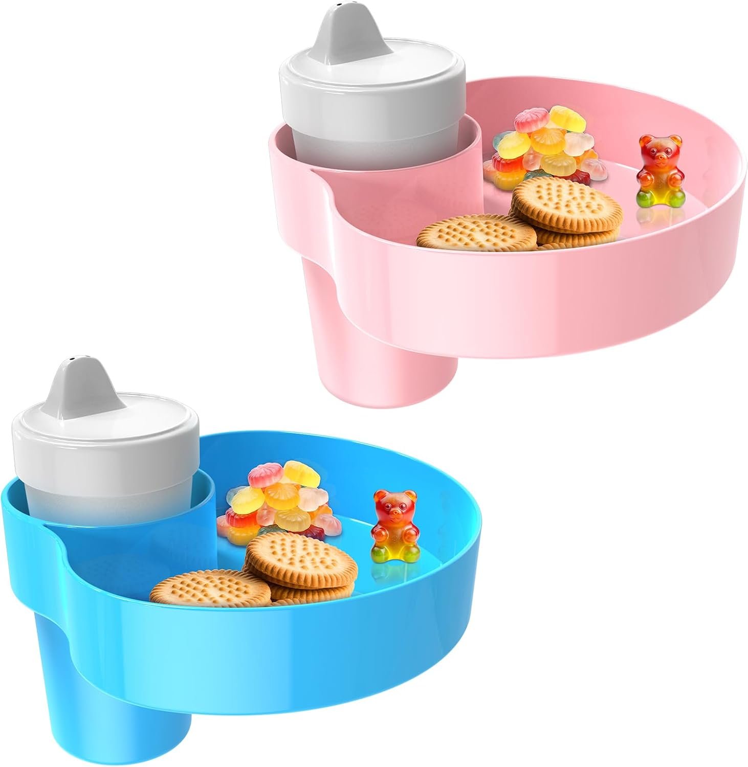 [2 PACK]Kids Car Seat Cup Holder Snack Tray – Toddler Travel Essentials for Mess-Free Snacking on Road Trips, Travel Accessory Compatible with Safety Seats & Strollers Console, (Sky Blue+Pink)