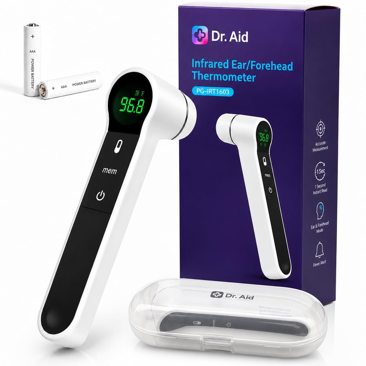 Dr. Aid No-Touch Ear & Forehead Thermometer, Infrared Digital,4 Color-Coded