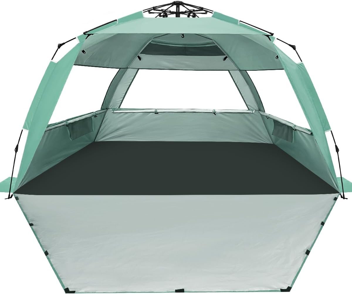 WhiteFang Deluxe Pop Up Beach Tent Sun Shade Shelter for 3-4/5-6 Person, UV Protection, Extendable Floor with 3 Ventilating Windows Plus Carrying Bag, Stakes, and Guy Lines