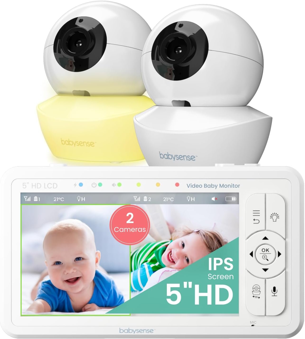 Babysense 5″ HD Non WiFi Split-Screen Baby Monitor, Video Baby Monitor with 2 Cameras and Audio, Night Light, 1000ft Range, Two-Way Audio, 4X Zoom, Night Vision, 4000mAh Battery