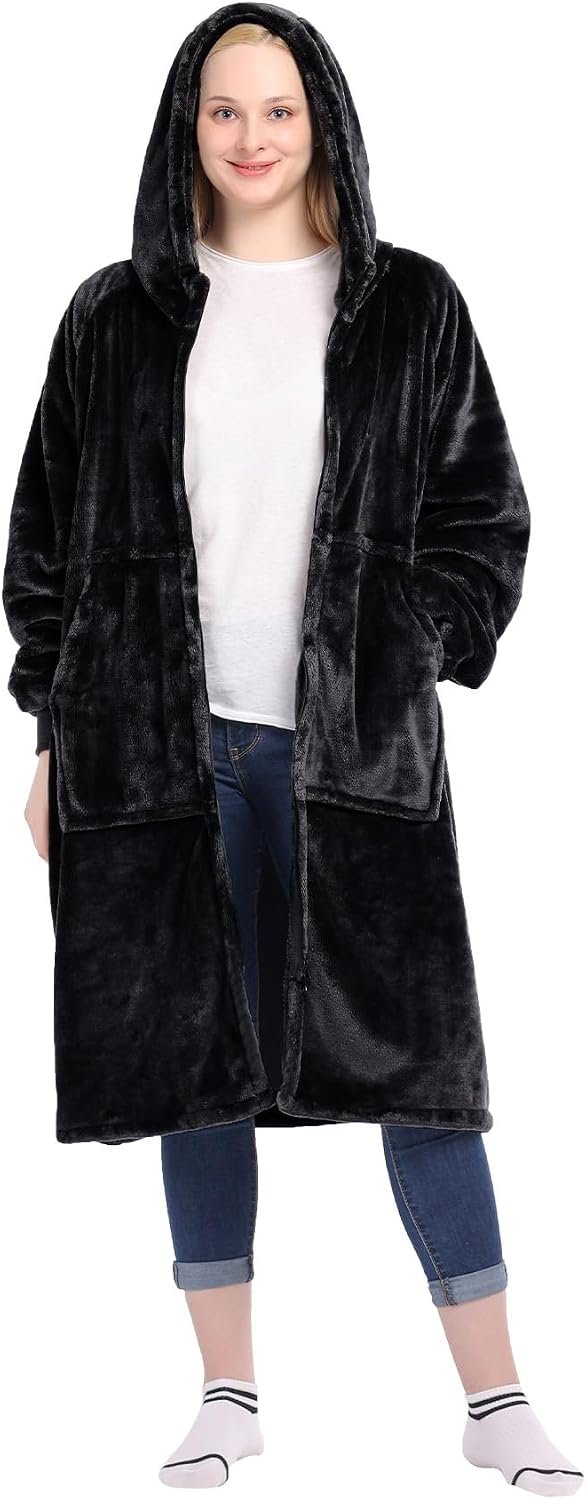 Waitu Wearable Blanket Hoodie with Zipper Gifts for Women Men, Warm and Cozy Oversized Hoodie Blanket Birthday Gifts for Women Mom, Thick Flannel Blanket with Giant Pocket – Black