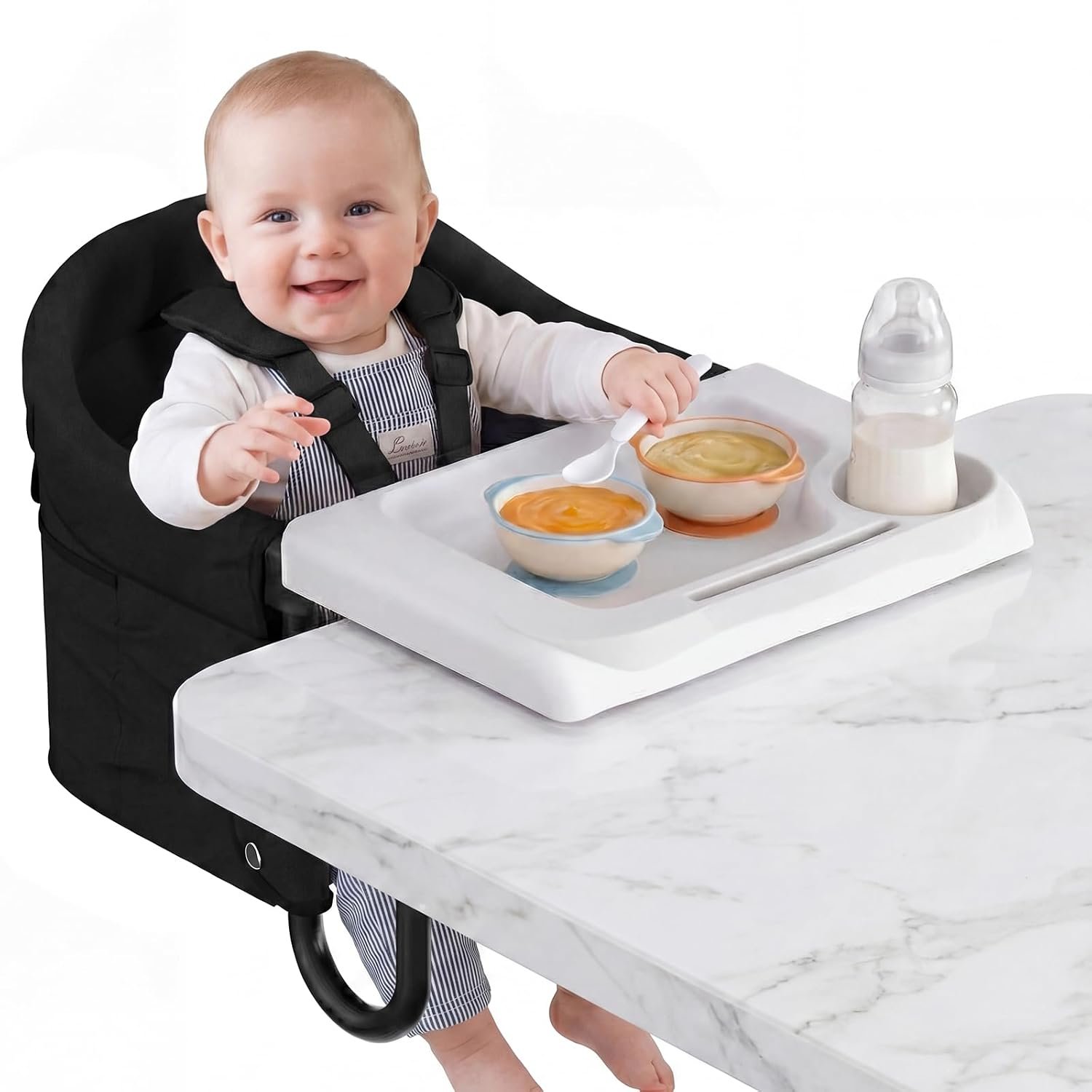 Portable Hook On High Chair with Tray for Baby & Toddler,Space-Saving Clip On Travel High Chair,Detachable Washable Seat Cover,Feeding Seat for Dining Table & Counter,with Carry Bag(Black)