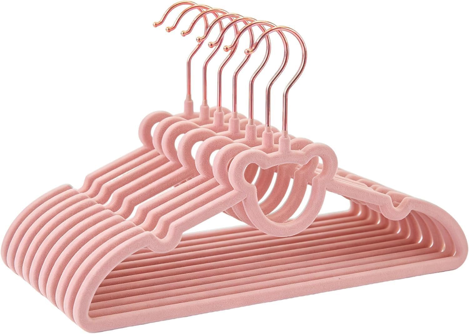 60 Pack Pink Velvet Kids Clothes Hangers – 12.6in for Ages 4-10, with Cute Bear, Rotating Rose Gold Hook, Non-Slip, Space-Saving Slim Felt Hangers for Toddler Coats, Jackets, Dresses