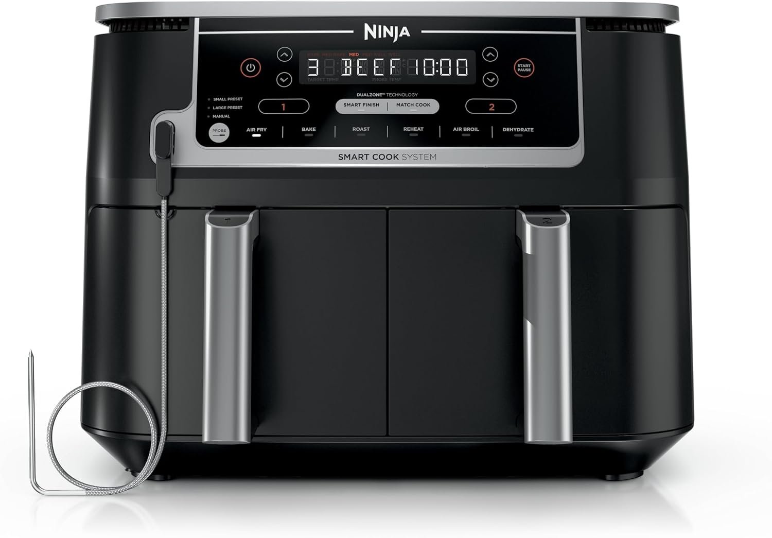 Ninja DZ550 Foodi 10 Quart 6-in-1 DualZone Smart XL Air Fryer with 2 Independent Baskets, Thermometer for Perfect Doneness, Match Cook and Finish to Roast, Dehydrate and More, Black