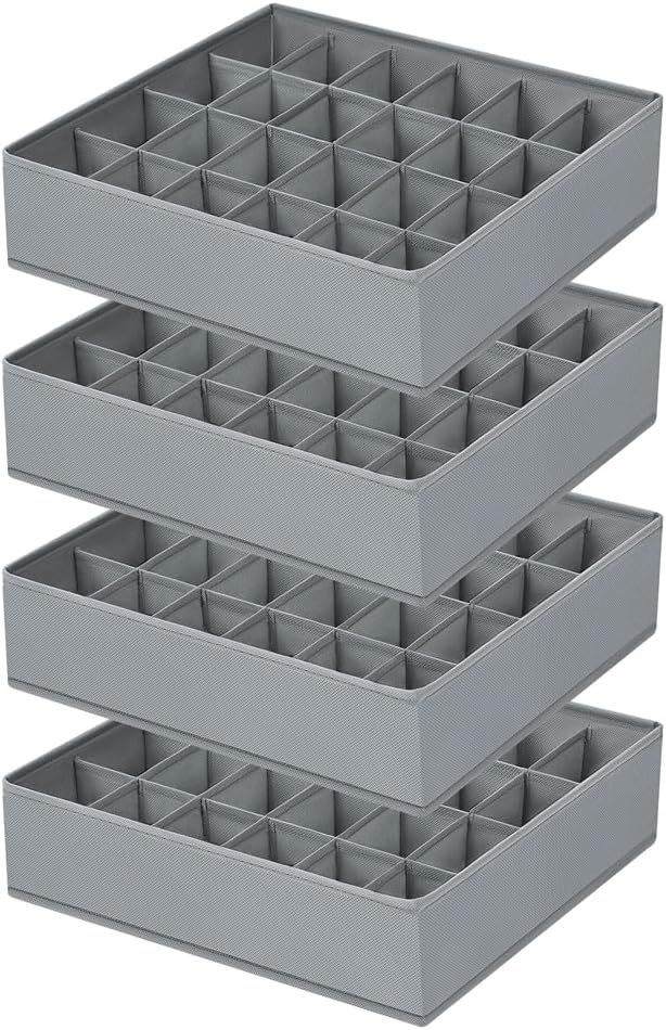 Sock Organizer 4 Pack, 24 Cell Underwear Organizer Foldable Underwear Storage, Sock and Underwear Drawer Organizer for Socks Ties Underwear Belts. (Grey)