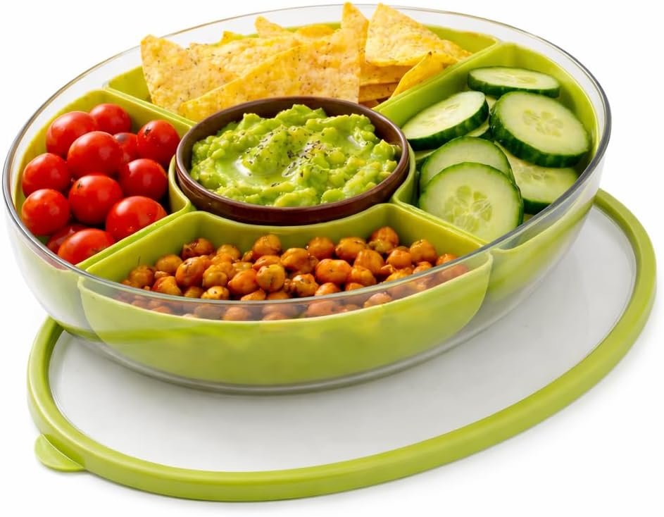 Divided Serving Tray with Lid, 5 Removable Compartments Snack & Veggie avocado shaped Tray with Center Dip Bowl, Portable Food Storage Container for Fruit, Travel, Work & Parties, Hand Wash Only