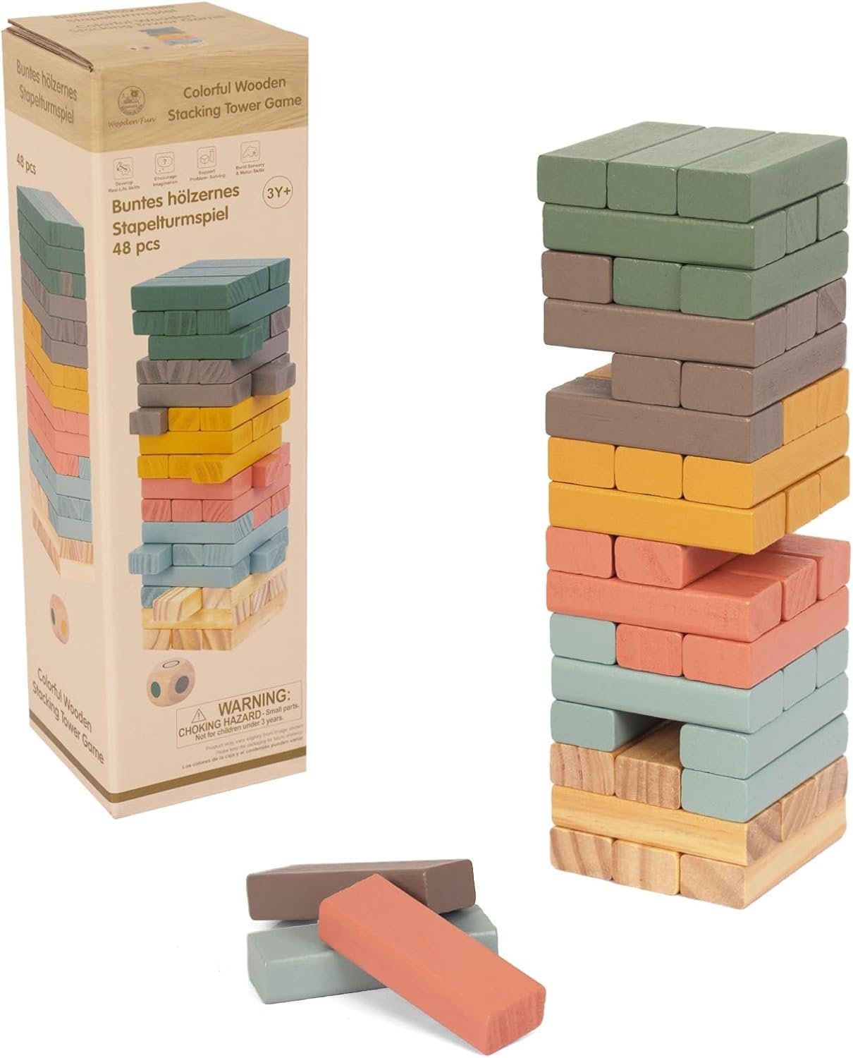 WOODENFUN Wooden Blocks Stacking Games, 48PCS Tumbling Stacking Blocks Game