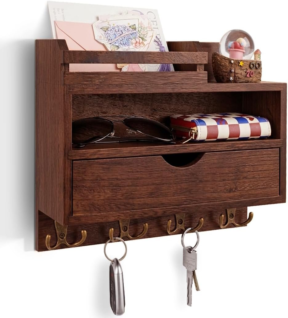 Key and Mail Holder for Wall, Wooden Key and Mail Organizer