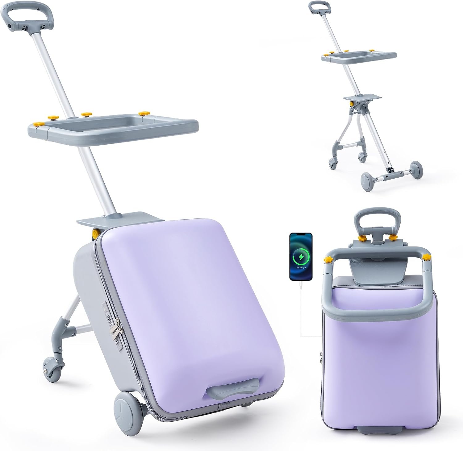 DEYGIA Kids Ride-on Luggage with Detachable Seat, 20″ Carry-on Suitcase for Kids with Safety Guardrail, Silent Wheels, TSA Lock, Charging Port for Airplane Travels, Purple