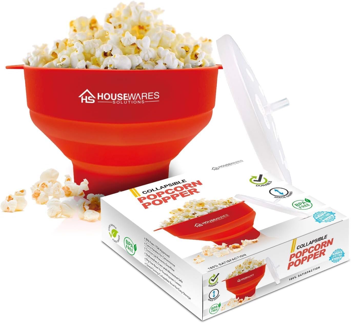 Collapsible Silicone Microwave Hot Air Popcorn Popper Bowl With Lid and Handles – Red