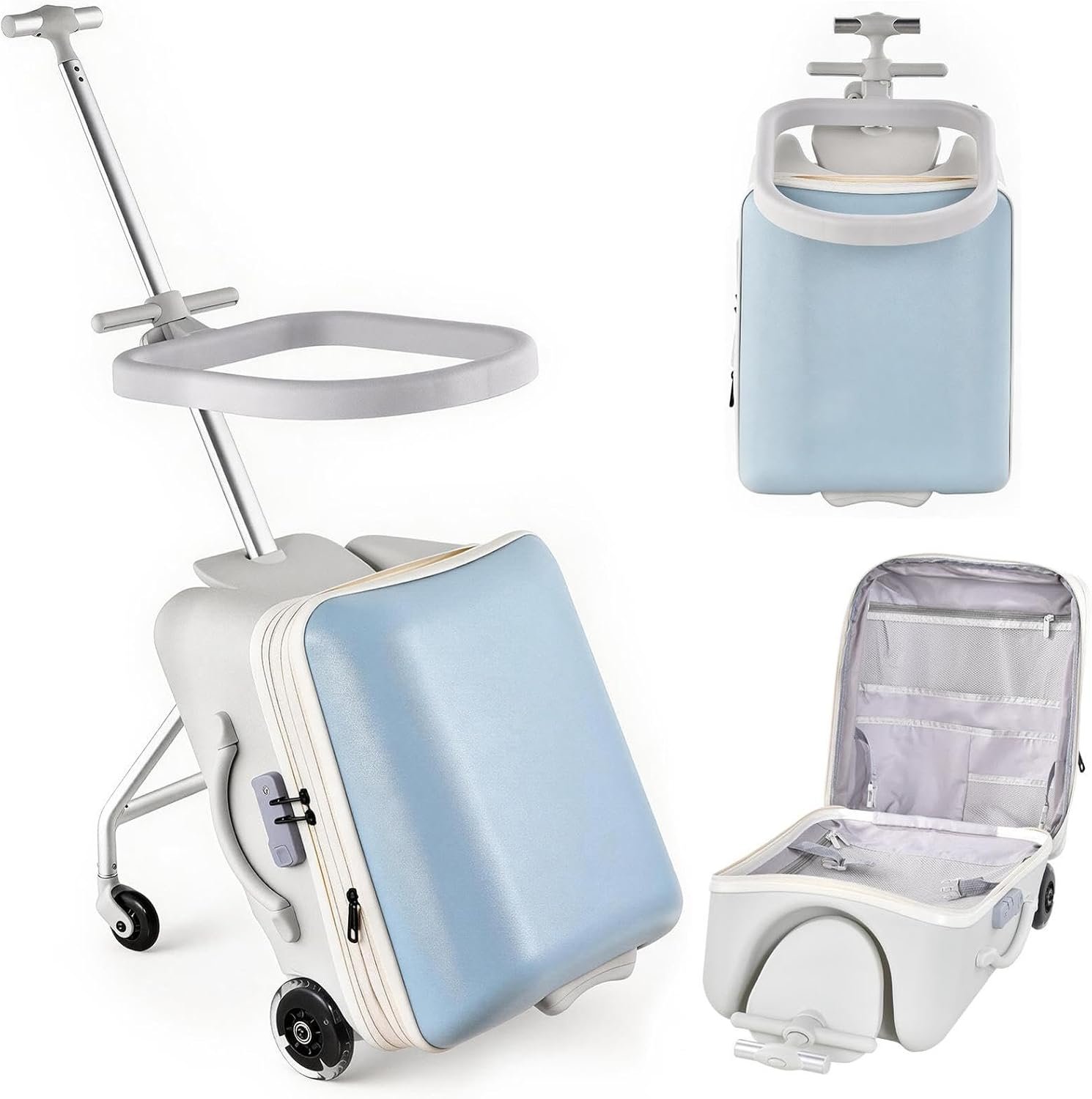 2-In-1 Ride On Luggage for Kids, 20 Inch Expandable Ride On Suitcase for Kids with Spinner Wheels, Carry On Luggage with Detachable Seat, Double as Stroller, Safety Guardrail, Help Your Child Relax