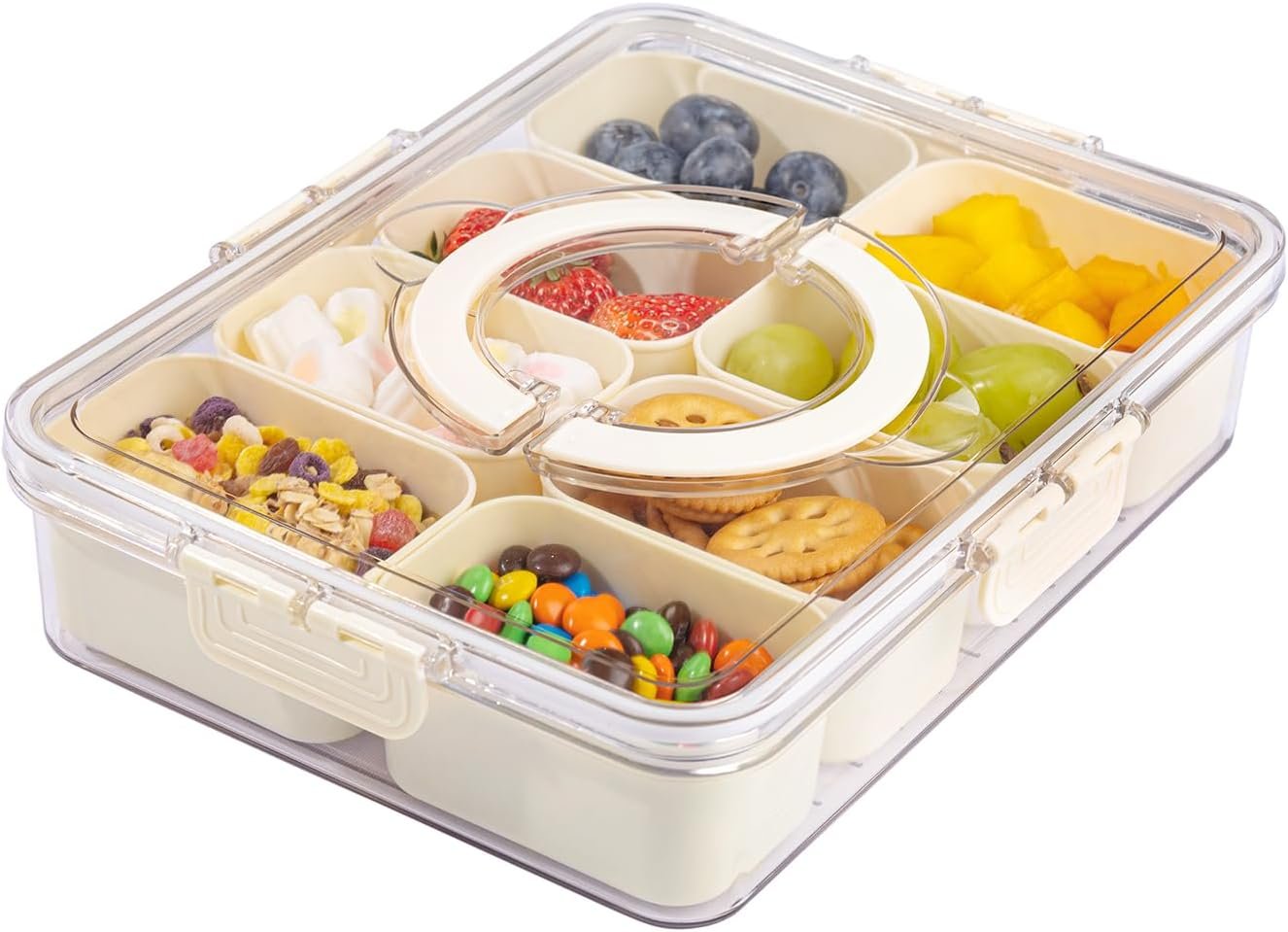 U-QE Dishwasher Safe Snackle Box Container with 8 Small Snacks Box – Premium Ivory Plastic Divided Serving Tray with Lid and Handle for Snack, Veggie, Fruits, Perfect for Party, Picnic, Entertaining