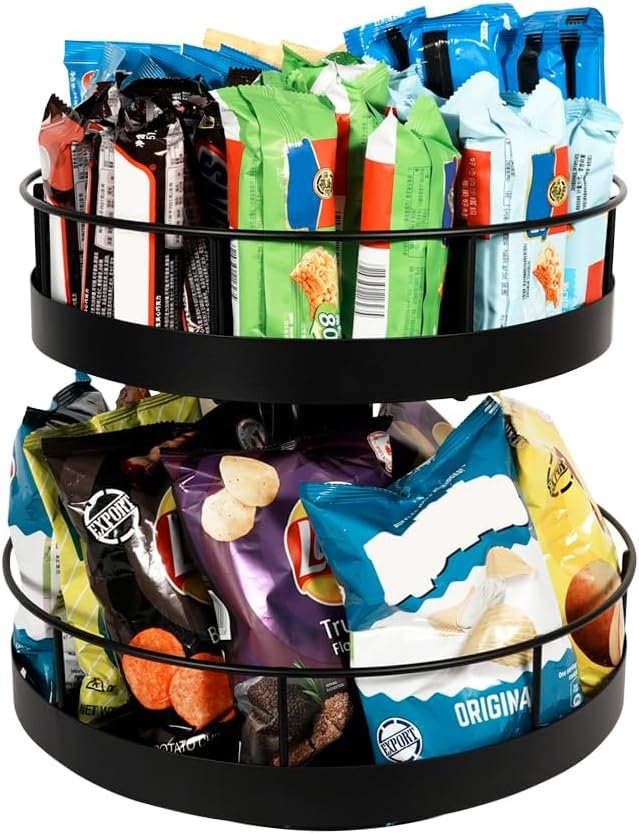 Snack Organizer 2 Tier Lazy Susan with Convenient Grab-and-Go Design, Versatile Snack Storage with Metal Snack Holder Tray for Kitchen, Office, Breakroom, 14.37″ L x 14.37″ W x 12.68″ H – MK1403A