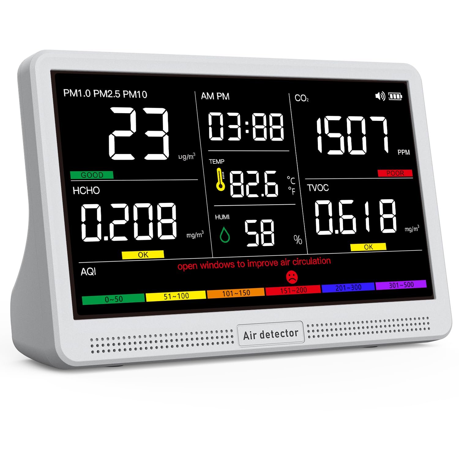16 in 1 Air Quality Monitor Indoor 7″ Real-Time CO2 Monitor, 9 AQI+7 Alerts