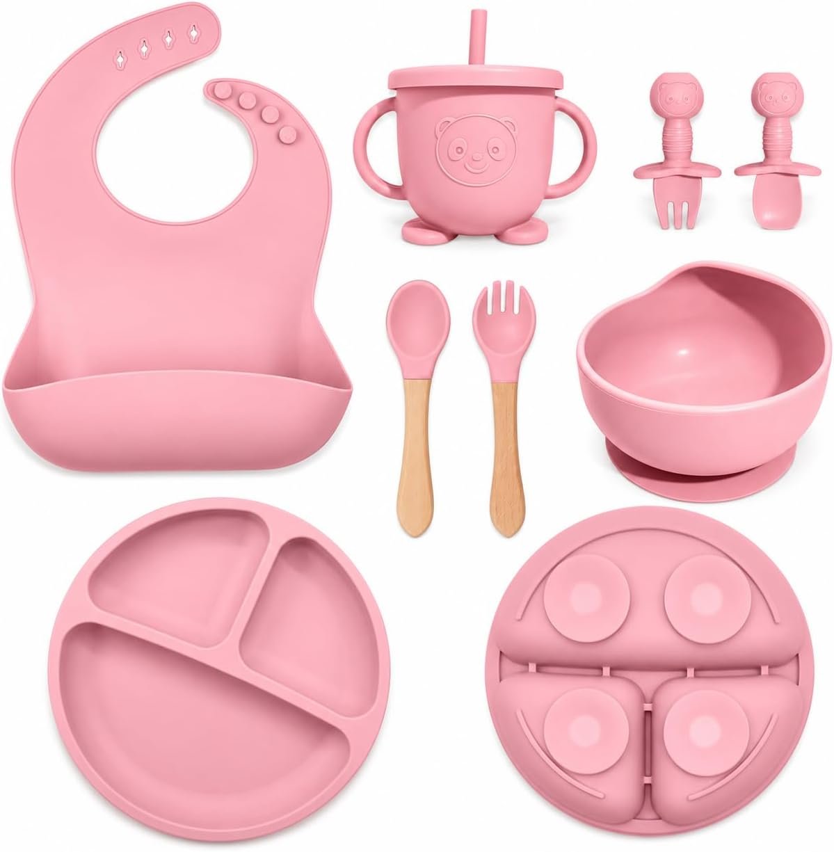 Silicone Baby Feeding Utensils Set for 6+ Months, 8 Pcs, Pink