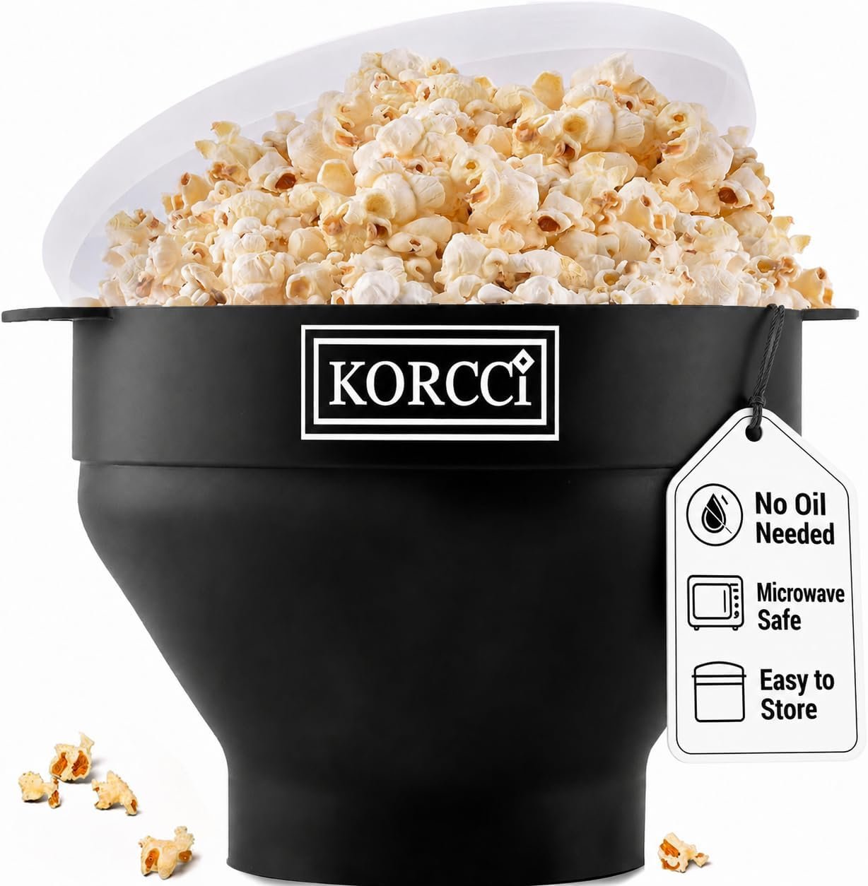 The Original Korcci Microwaveable Silicone Popcorn Popper, BPA Free Microwave Popcorn Popper, Collapsible Microwave Popcorn Maker Bowl, Dishwasher Safe – Black