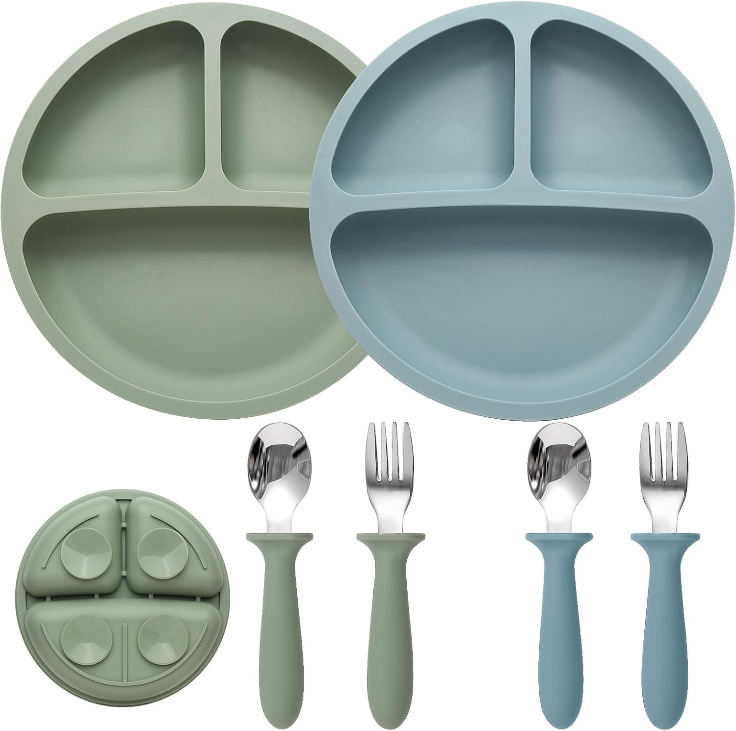 Eascrozn 2 Pack Silicone Suction Plates for Baby, Spoons and Forks Set
