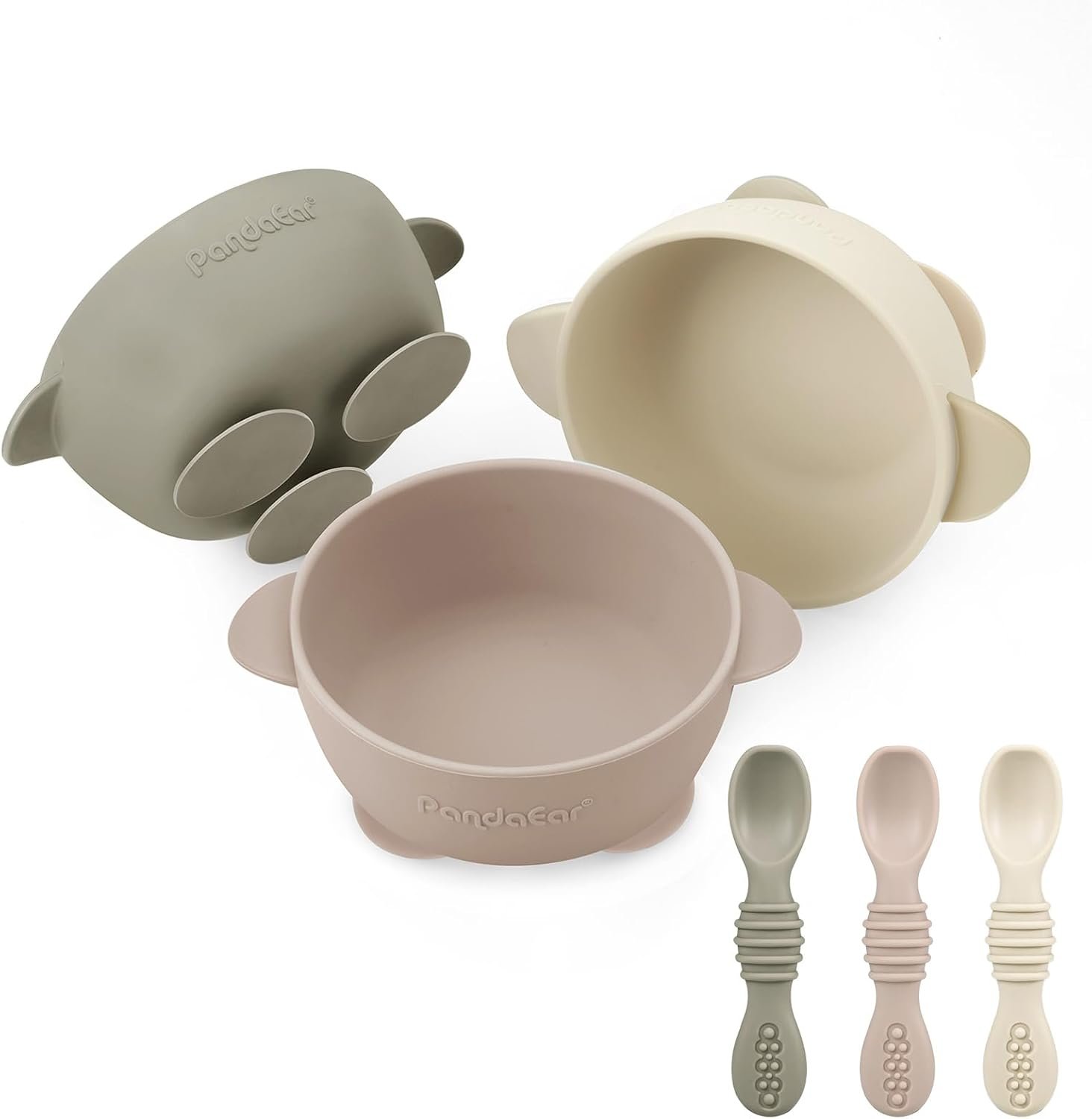 PandaEar 3 Pack Silicone Suction Baby Bowls & 3 Baby Feeding Spoons