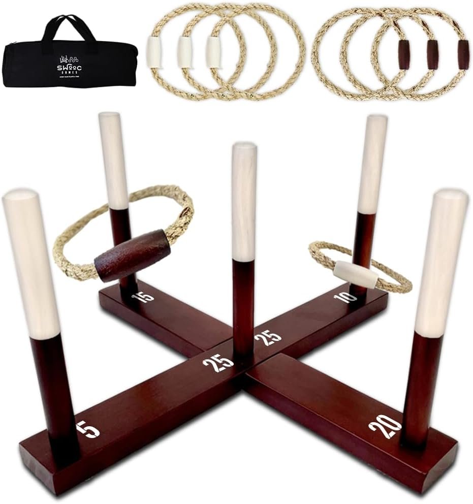 Swooc Games – Rustic Ring Toss Game (All Weather) – Easy Setup & Extra Games Included – Ring Toss Game for Adults – Outdoor Activities for Adults – Yard Toys for Kids – Backyard Fun – Outdoor Party