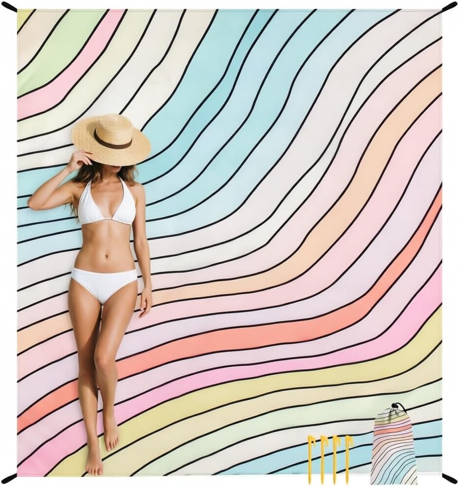 Beach Blanket Sandproof Waterproof, Large Beach Mat for 2-8 Adults with Stakes, Sand Free Compact Lightweight Picnic Blankets, Beach Essentials Necessities Accessories Must Haves-Colorful Rainbow Wave