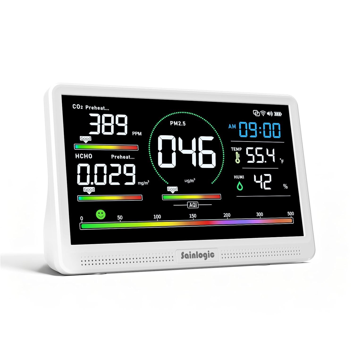 Sainlogic Air Quality Monitor Indoor, 16 in 1 VOC Meter, CO2, HCHO, TVOC, PM2.5, PM1.0, PM10, Humidity, Temperature, 7.2″ Large Display 3-Color AQI Alerts Air Quality Tester for Home Air Monitor