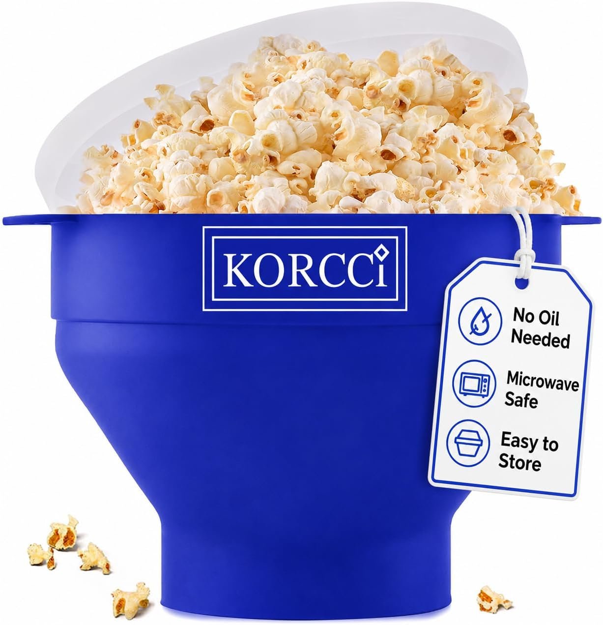 The Original Korcci Microwaveable Silicone Popcorn Popper, Microwave Popcorn Popper, Collapsible Microwave Popcorn Maker Bowl, No Oil Required, Use In Microwave, Dishwasher Safe (Blue)