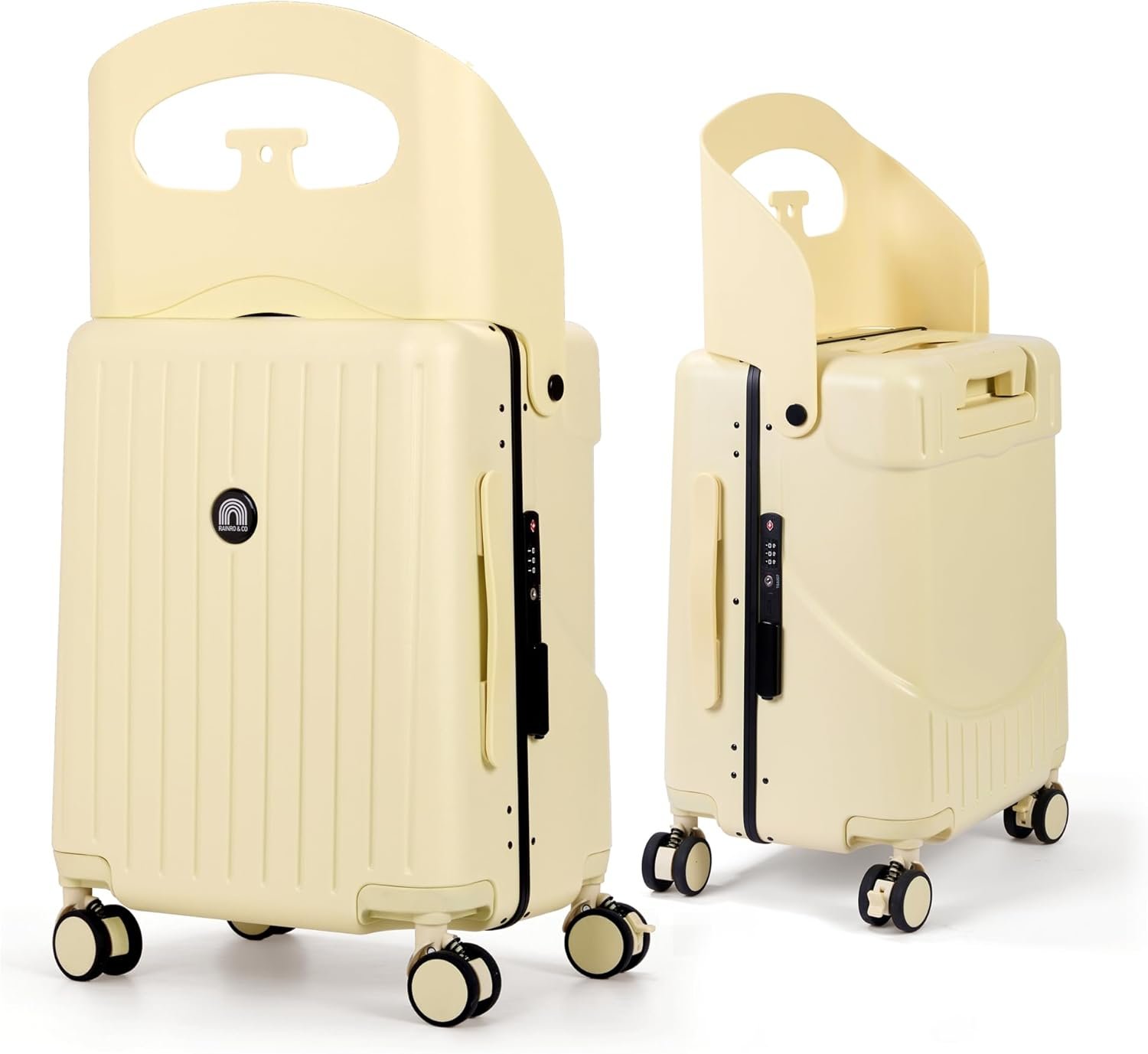 RAINRO & CO 20″ Ride-On Carry-On Luggage with Built-In Seat for Kids Ages 3–5 & Adults, Lightweight Durable Hardshell Suitcase with Spinner Wheels & TSA Lock (Butter Beige)