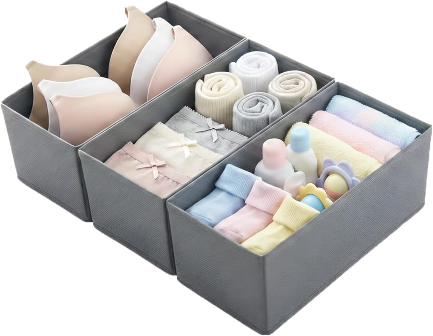 Small Foldable Fabric Drawer Organizer 3-Pack – 11″ Breathable Closet & Dresser Storage Bins for Underwear, Socks, Baby Clothes & Bras, Grey