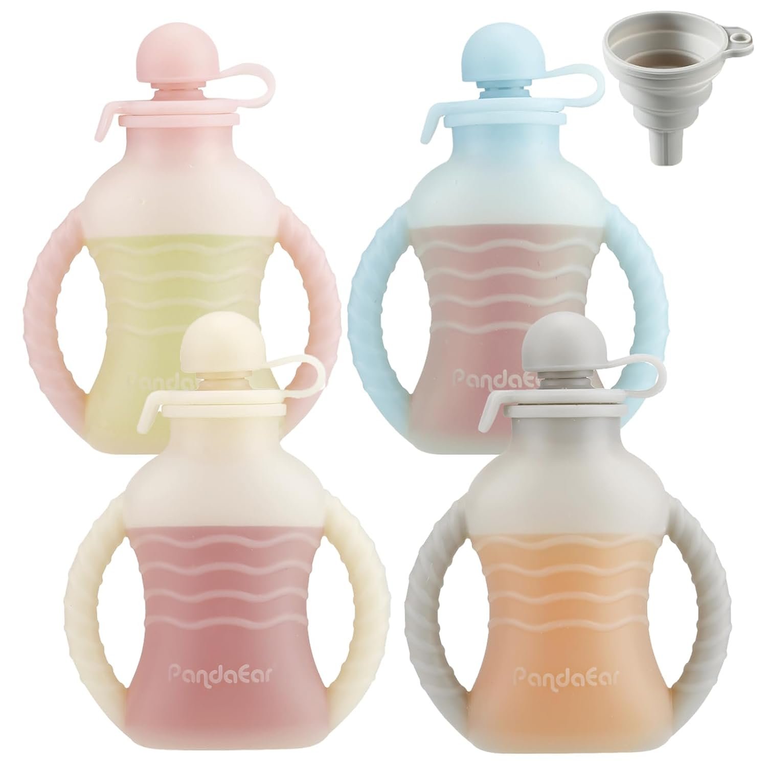 PandaEar 4 Pack Reusable Baby Food Pouches with Double Handles, Silicone Portable Pouches for Toddlers, Refillable 4oz Food Storage Bags for Puree, Yogurt, Smoothies – Includes Collapsible Funnel