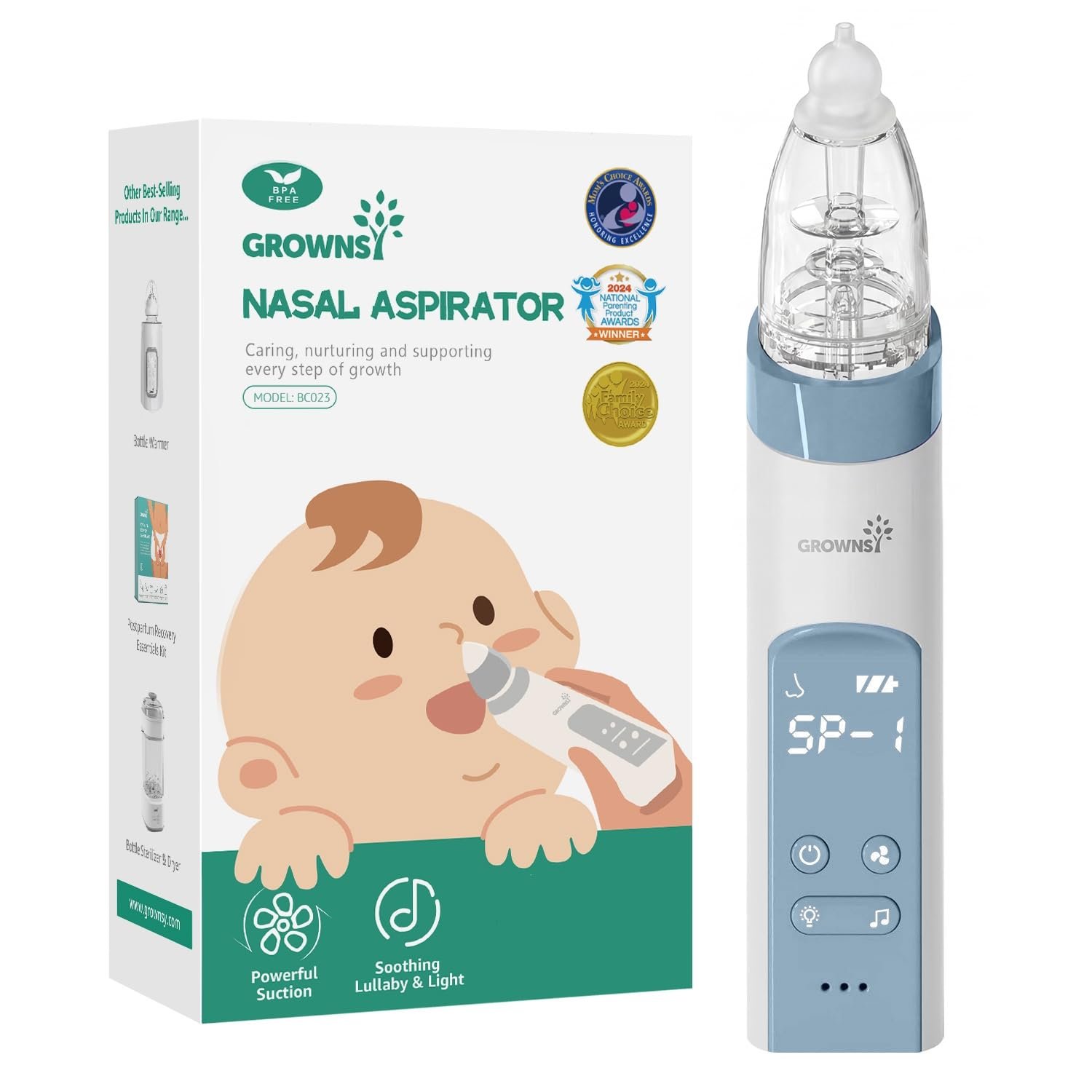 GROWNSY Electric Nasal Aspirator for Baby, Nose Sucker with 3 Tips, Blue