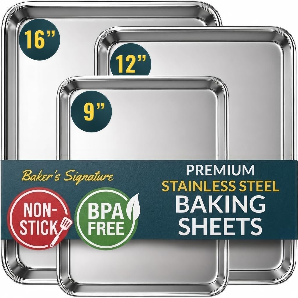 Stainless Steel Cookie Sheet Set of 3, 9/12/16″ Baking Sheet Pans