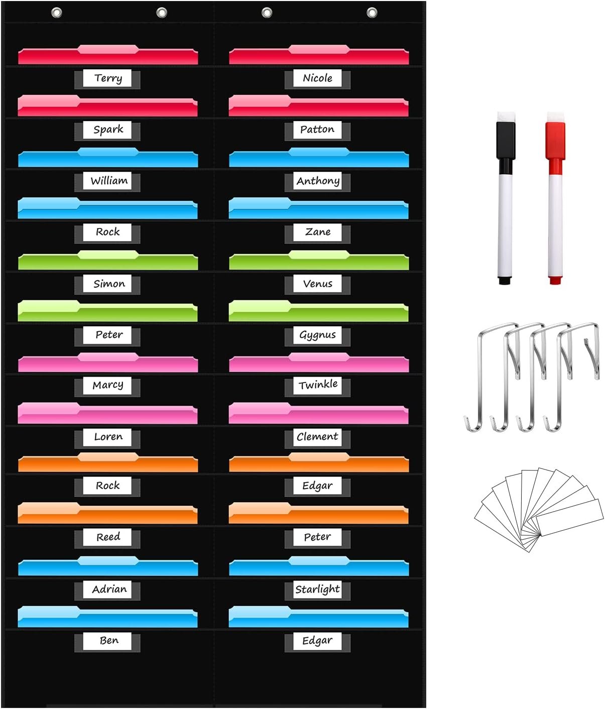 REGELETO 24 Pockets File Storage Pocket Chart with 24 Nametag Pockets, Hanging Wall File Organizer for Classroom and Office, Organize Your Assignments, Files, Scrapbooks, Paper (Black-24 pockets)
